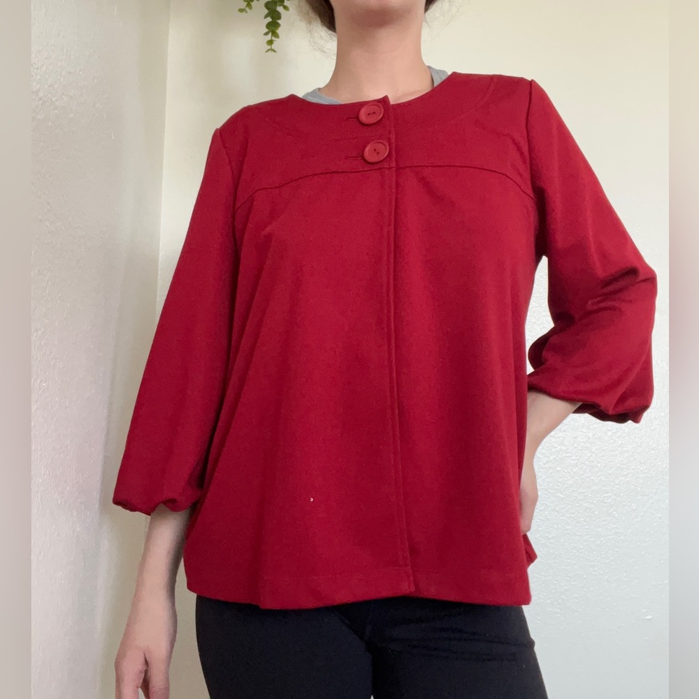 Susan Graver Style Jacket Red Stretch Two Buttons & 3/4 length